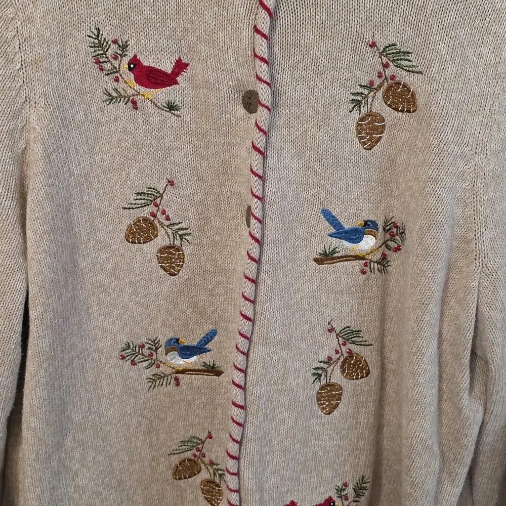 Breckenridge Oatmeal Embroidered Birds Beads Sweater Cardigan Women 2X Cabincore